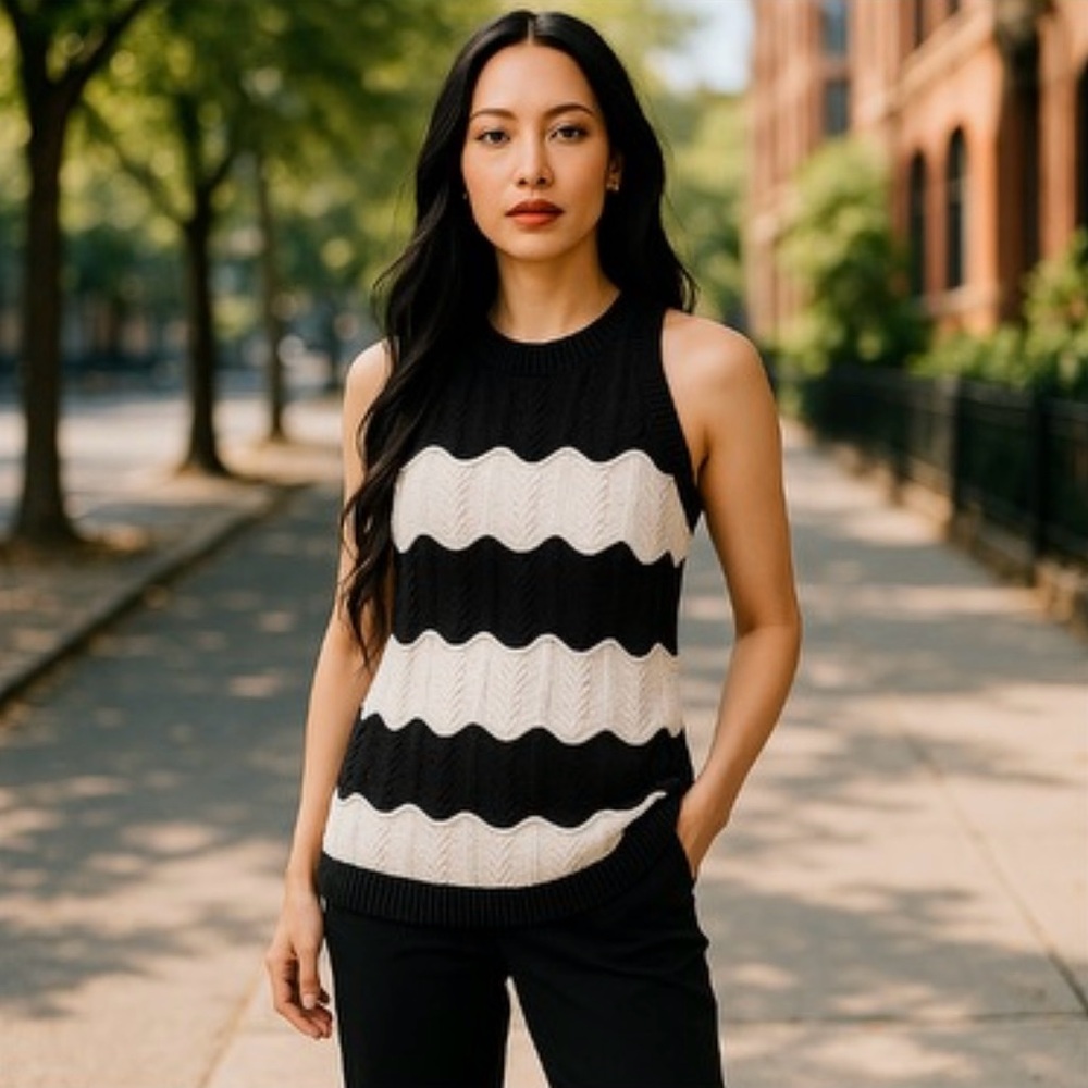 Tommy Hilfiger Black and White Ribbed Asymmetrical Tank Top